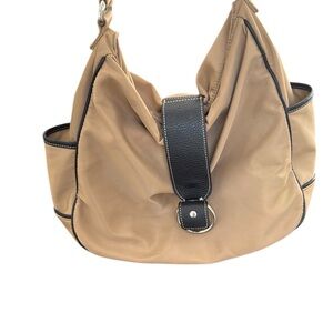 Talbots Tan And Black Trim Nylon And Leather Soft Hobo Bag